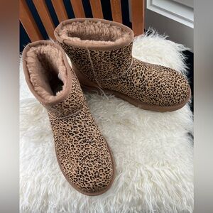 UGG Classic Mini Speckles boots with a cow hair upper in a leopard print.
